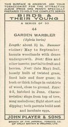 1937 Player's Birds & Their Young #44 Garden Warbler Back