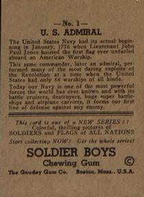 1934 Goudey Soldier Boys (R142) #1 U. S. Admiral Back