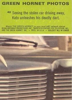 1966 Donruss The Green Hornet #40 Seeing the stolen car driving away, Kato unleashes Back