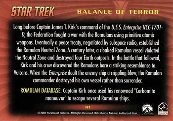 2002 Rittenhouse Star Trek: Nemesis - Romulan History #R1 Balance of Terror Back
