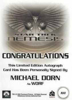 2002 Rittenhouse Star Trek: Nemesis - Nemesis Autographs #NA1 Michael Dorn Back