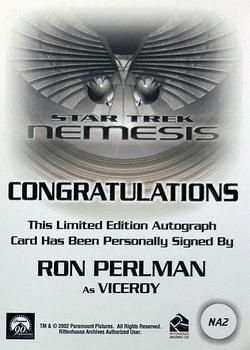 2002 Rittenhouse Star Trek: Nemesis - Nemesis Autographs #NA2 Ron Perlman Back