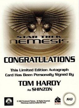 2002 Rittenhouse Star Trek: Nemesis - Nemesis Autographs #NA3 Tom Hardy Back