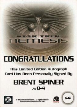 2002 Rittenhouse Star Trek: Nemesis - Nemesis Autographs #NA6 Brent Spiner Back