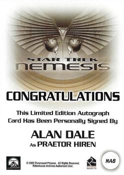 2002 Rittenhouse Star Trek: Nemesis - Nemesis Autographs #NA8 Alan Dale Back