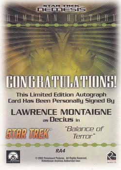 2002 Rittenhouse Star Trek: Nemesis - Romulan History Autographs #RA4 Lawrence Montaigne Back