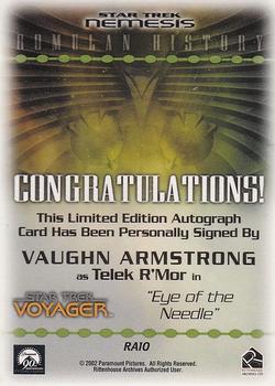 2002 Rittenhouse Star Trek: Nemesis - Romulan History Autographs #RA10 Vaughn Armstrong Back
