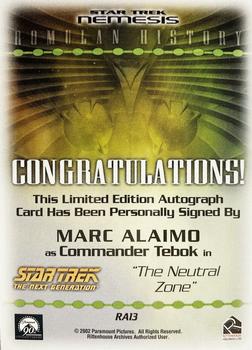 2002 Rittenhouse Star Trek: Nemesis - Romulan History Autographs #RA13 Marc Alaimo Back