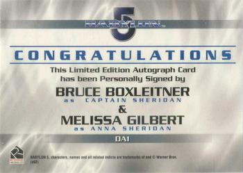 2002 Rittenhouse The Complete Babylon 5 - Dual Autographs #DA1 Bruce Boxleitner / Melissa Gilbert Back