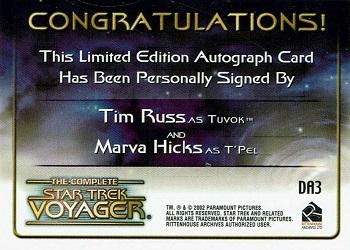 2002 Rittenhouse The Complete Star Trek: Voyager - Double Signature Series #DA3 Tim Russ / Marva Hicks Back