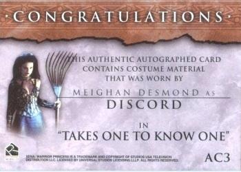 2002 Rittenhouse Xena Beauty & Brawn - From the Archives Autographed Costume Cards #AC3 Meighan Desmond Back