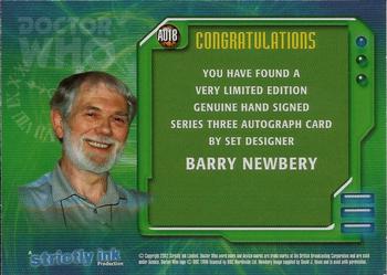 2002 Strictly Ink Doctor Who The Definitive Series 3 - Autographs #AU18 Barry Newbery Back
