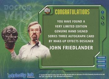 2002 Strictly Ink Doctor Who The Definitive Series 3 - Autographs #AU19 John Friedlander Back