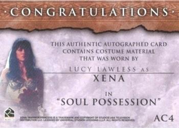 2003 Rittenhouse The Quotable Xena: Warrior Princess  - From the Archives Autograph Costume Cards #AC4 Lucy Lawless / Xena Back