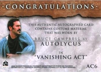 2003 Rittenhouse The Quotable Xena: Warrior Princess  - From the Archives Autograph Costume Cards #AC6 Bruce Campbell / Autolycus Back