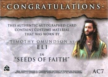 2003 Rittenhouse The Quotable Xena: Warrior Princess  - From the Archives Autograph Costume Cards #AC7 Timothy Omundson Back