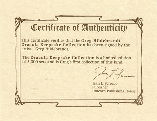 1993 Comic Images Greg Hildebrandt's Dracula Keepsake Collection #COA Certificate of Authenticity Back