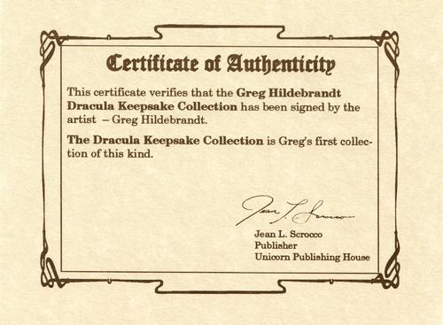 1993 Comic Images Greg Hildebrandt's Dracula Keepsake Collection #COA Certificate of Authenticity Front