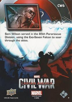 2016 Upper Deck Captain America Civil War (Walmart) #CW6 (Falcon)                                    Sam Wilson served in the 85th Pararescue Division, Back