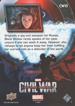 2016 Upper Deck Captain America Civil War (Walmart) #CW15 (Black Widow)                               Originally a spy and assassin for Russia, Black Back