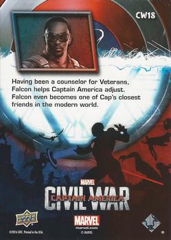 2016 Upper Deck Captain America Civil War (Walmart) #CW18 (Falcon)                                    Having been a counselor for Veterans, Falcon helps Back