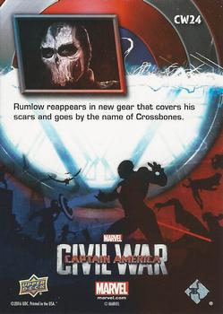 2016 Upper Deck Captain America Civil War (Walmart) #CW24 (Crossbones)                                Rumlow reappears in new gear that covers his scars Back