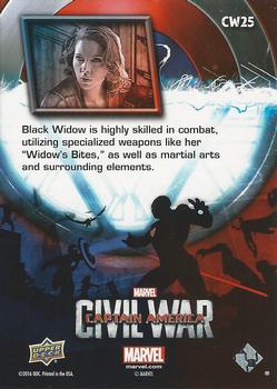 2016 Upper Deck Captain America Civil War (Walmart) #CW25 (Black Widow)                               Black Widow is highly skilled in combat, utilizing Back