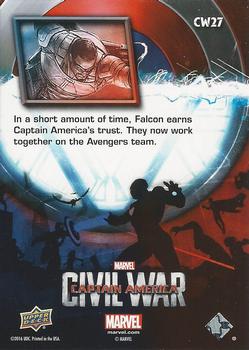 2016 Upper Deck Captain America Civil War (Walmart) #CW27 (Falcon)                                    In a short amount of time, Falcon earns Captain Am Back