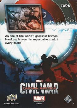 2016 Upper Deck Captain America Civil War (Walmart) #CW28 (Hawkeye)                                   As one of the world's greatest heroes, Hawkeye Back
