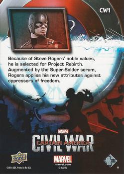 2016 Upper Deck Captain America Civil War (Walmart) #CW1 (Captain America) Because of Steve Rogers' noble values, he is Back