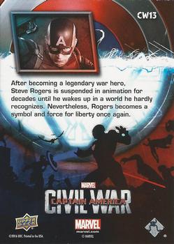 2016 Upper Deck Captain America Civil War (Walmart) #CW13 (Captain America) After becomning a legendary war hero, Steve Rogers Back