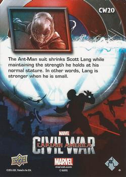 2016 Upper Deck Captain America Civil War (Walmart) #CW20 (Ant-Man) The Ant-Man suit shrinks Scott Lang while maintain Back