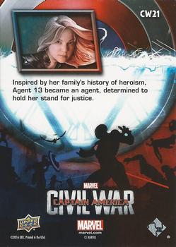 2016 Upper Deck Captain America Civil War (Walmart) #CW21 (Agent 13) Inspired by her family's history of heroism, Agent Back