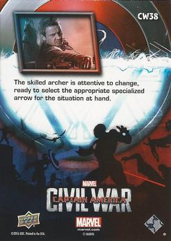 2016 Upper Deck Captain America Civil War (Walmart) #CW38 (Hawkeye) The skilled archer is attentive to change, ready t Back