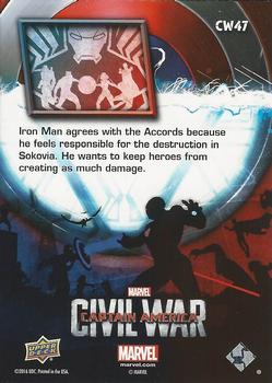 2016 Upper Deck Captain America Civil War (Walmart) #CW47 (Team Iron Man silhouette) Iron Man agrees with the Accords because he feels Back