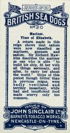 1926 Sinclair British Sea Dogs #20 Mariner, Time of Queen Elizabeth Back