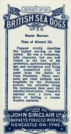 1926 Sinclair British Sea Dogs #26 Master Mariner, Time of Edward III Back
