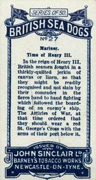 1926 Sinclair British Sea Dogs #27 Mariner, Time of Henry III Back