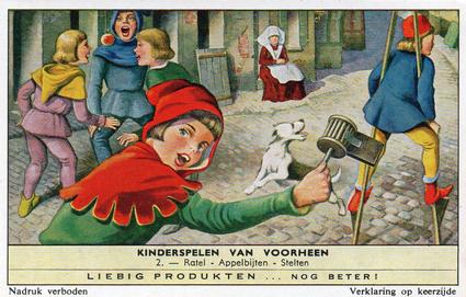 1961 Liebig Kinderspelen van voorheen (Olden Day Childrens Games) (Dutch Text) (F1762, S1776) #2 Ratel - Appelbijten - Stelten Front