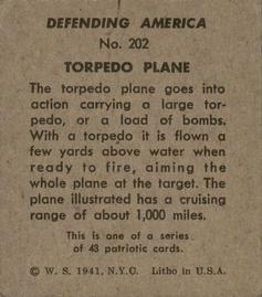 1941 W.S. Corp Defending America (R40) #202 Torpedo Plane Back