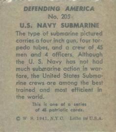 1941 W.S. Corp Defending America (R40) #205 U.S. Navy Submarine Back