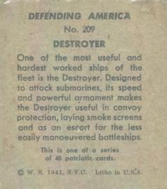 1941 W.S. Corp Defending America (R40) #209 Destroyer Back