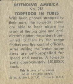 1941 W.S. Corp Defending America (R40) #213 Torpedoes in Tubes Back