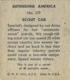 1941 W.S. Corp Defending America (R40) #219 Scout Car Back