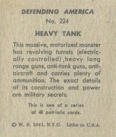 1941 W.S. Corp Defending America (R40) #224 Heavy Tank Back