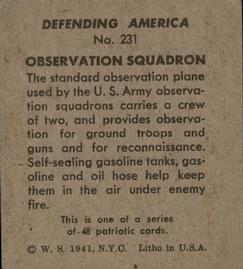 1941 W.S. Corp Defending America (R40) #231 Observation Squadron Back