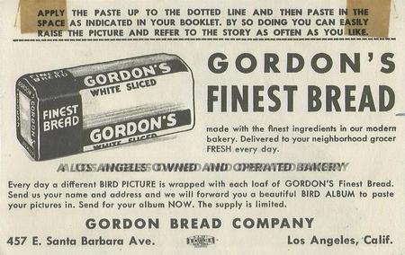 1950 Gordon's Bread Bird Pictures (D39-11) #NNO Bluebird Back