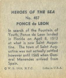 1939 W.S. Corp Heroes of the Sea (R67) #457 Ponce de Leon Back