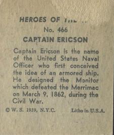 1939 W.S. Corp Heroes of the Sea (R67) #466 Capt. John Ericsson Back