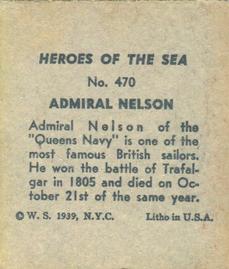 1939 W.S. Corp Heroes of the Sea (R67) #470 Admiral Horatio Nelson Back